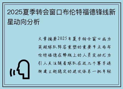 2025夏季转会窗口布伦特福德锋线新星动向分析